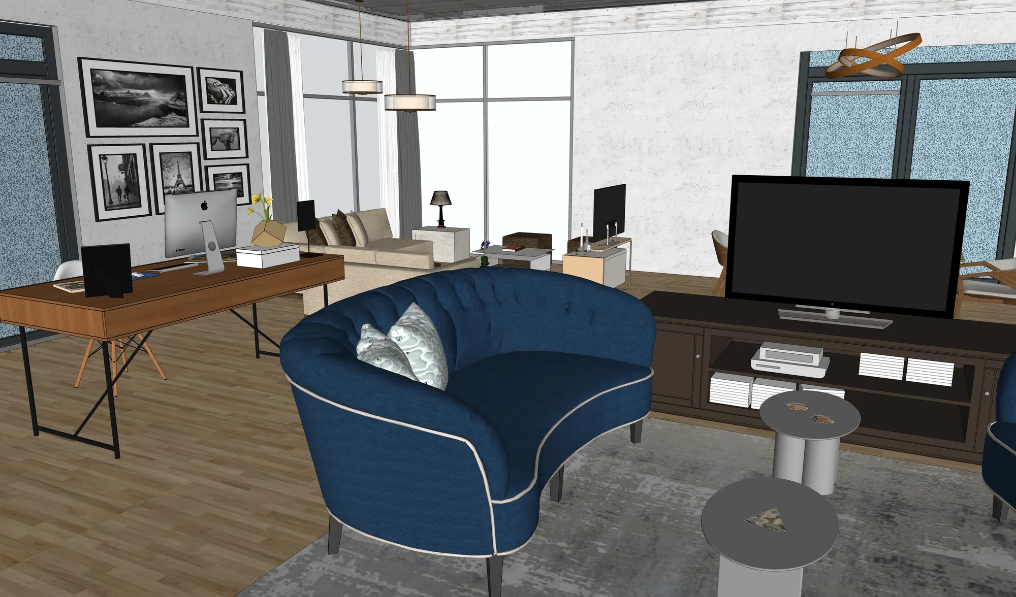 Contemporary split-level beach house interior with a double-height living space and blue accent furnishings.