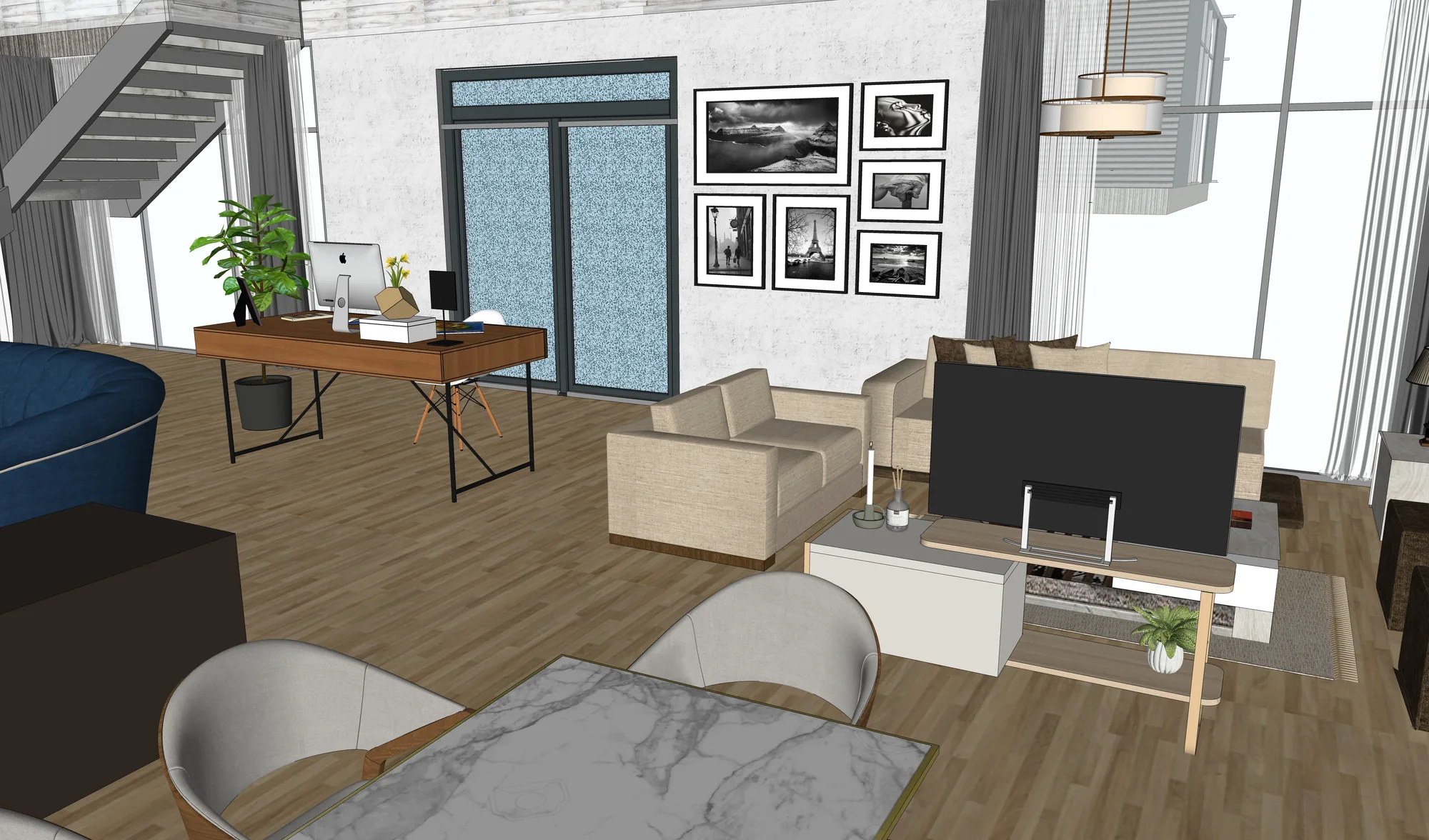 Double-height living space below the mezzanine kitchen.