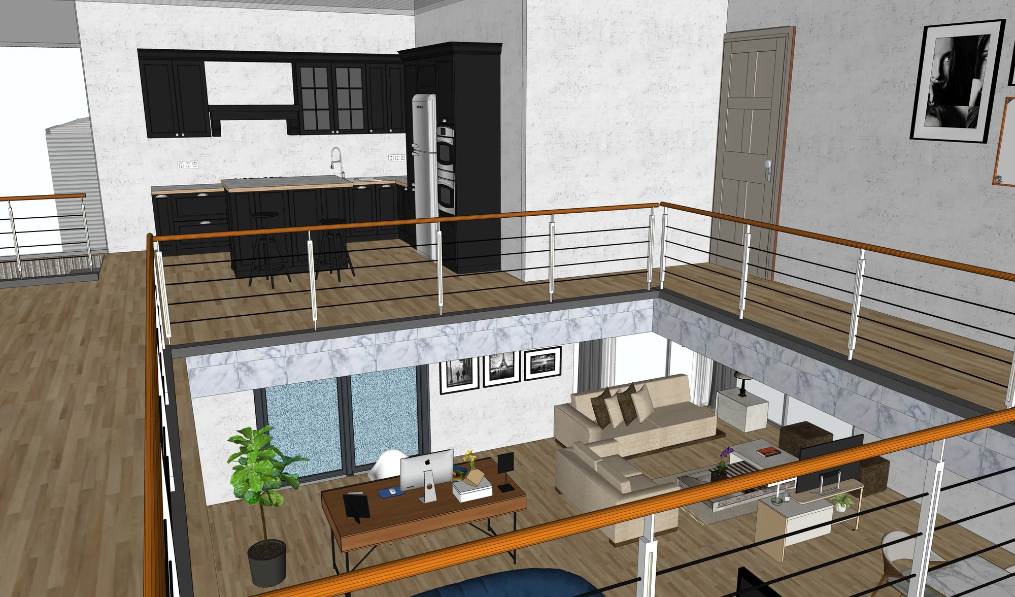 Open-plan living with deep blue accent furnishings.