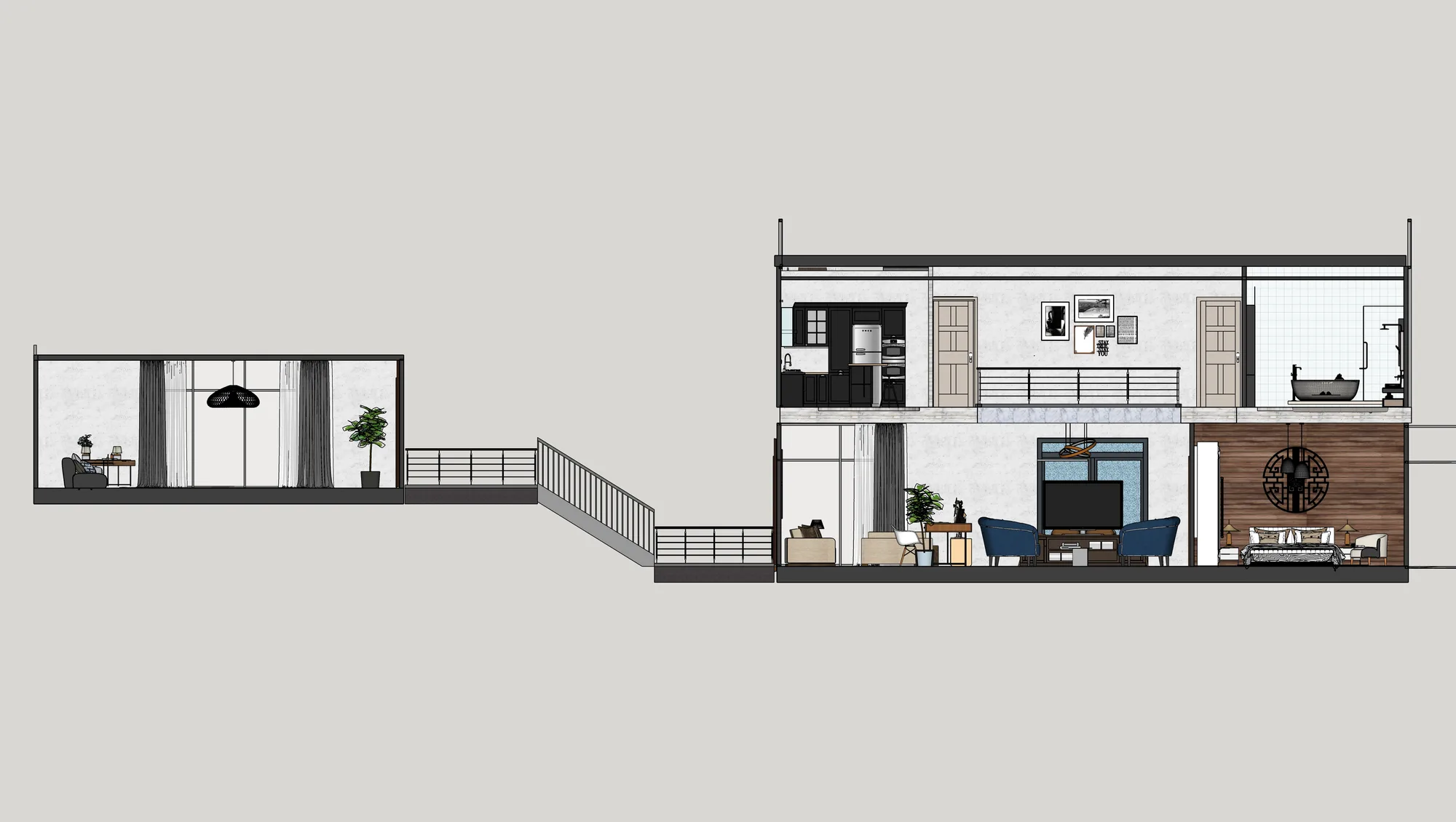 Building section showing levels stepping with the slope.