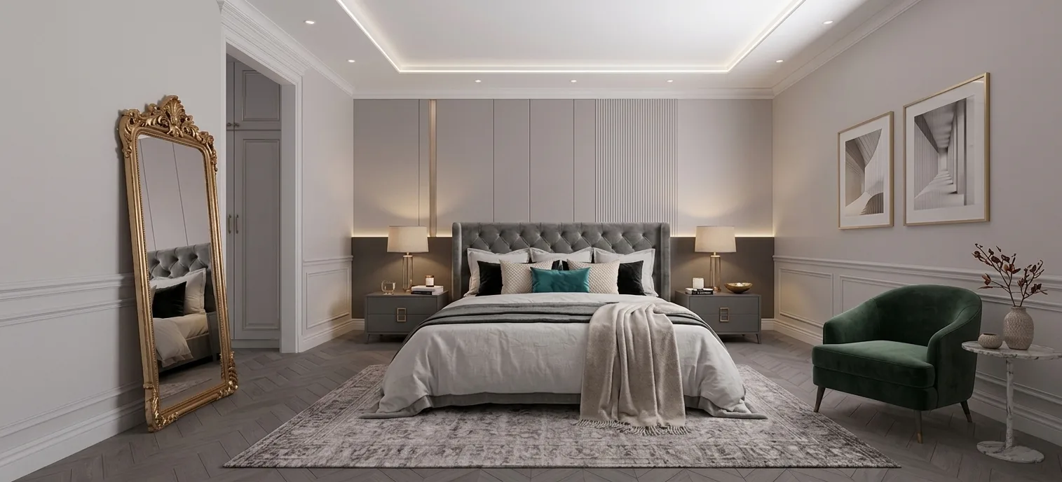 A contemporary-classic bedroom with a panelled feature wall, warm neutrals and deep green velvet accents.