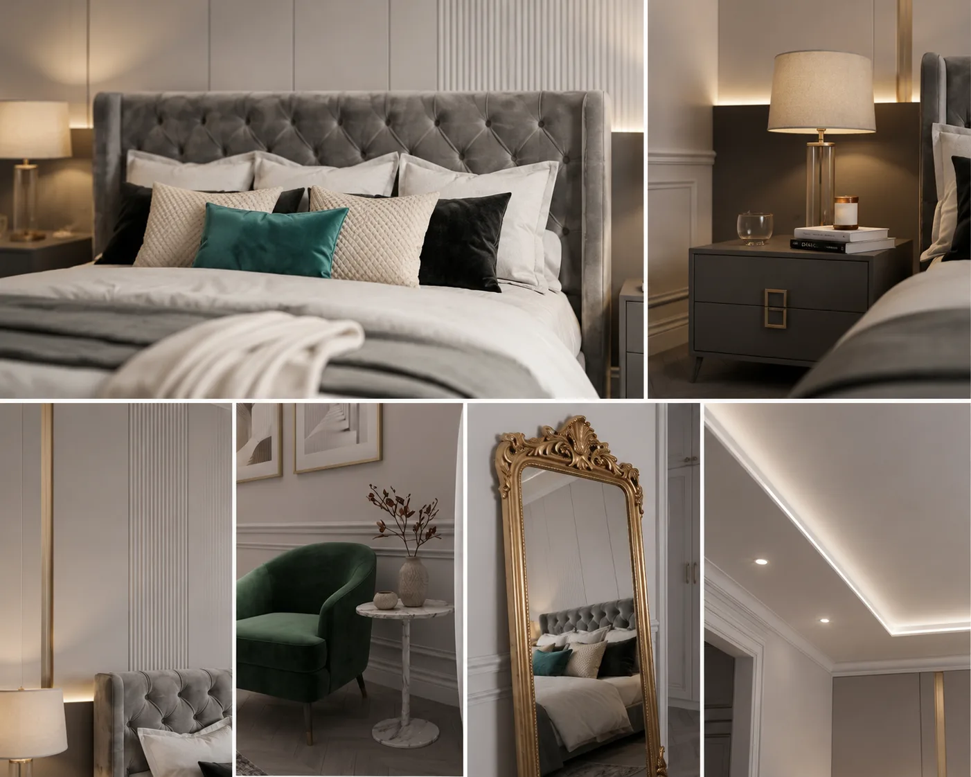 Detail of the panelled and fluted feature wall with brass accents.