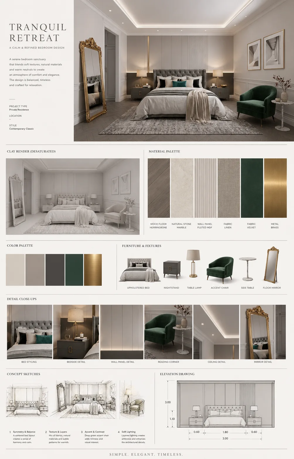 Material and mood board for the bedroom.