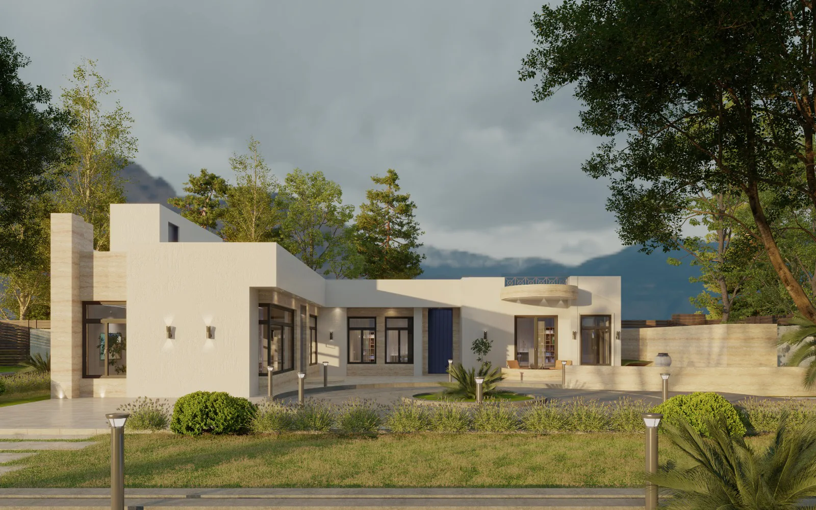 Contemporary country house chalet with natural stone finishes and large glazed openings to the landscape.