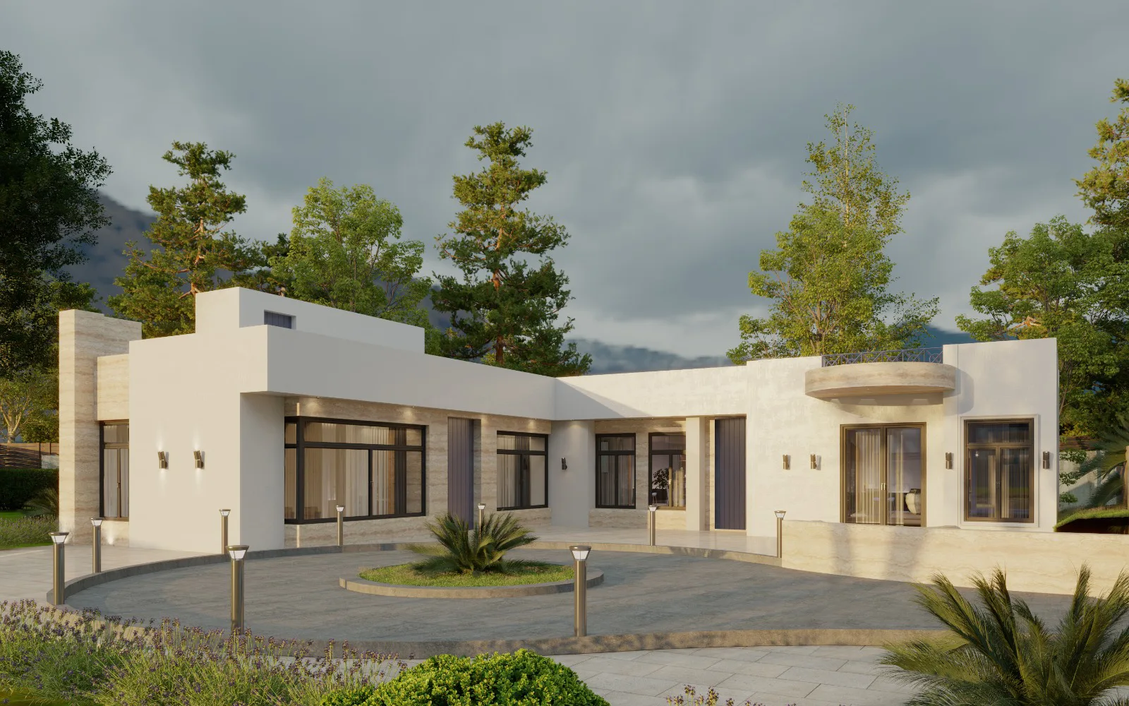 Exterior view with natural stone accents.