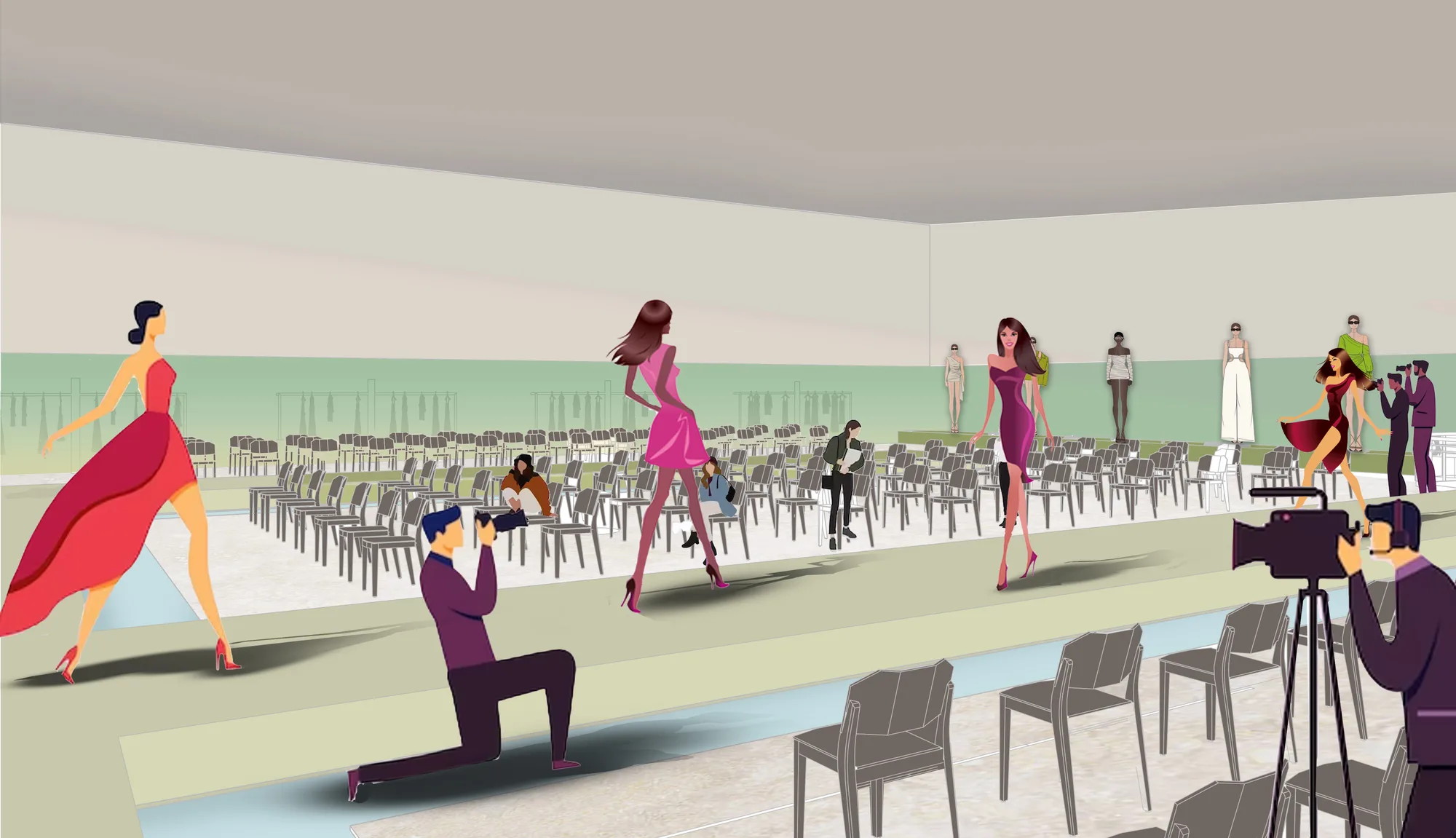The double-height runway hall with tiered seating and a draped-fabric ceiling.