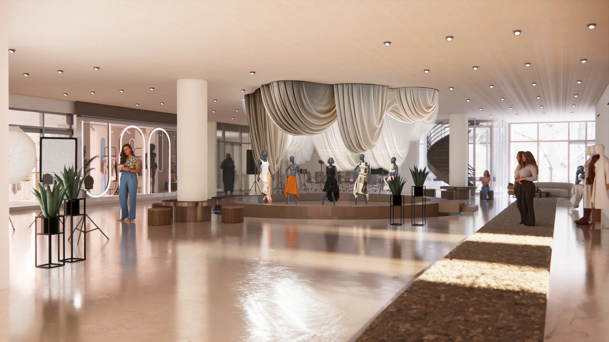 Fashion design school's double-height runway hall with a sculptural draped-fabric ceiling and spiral stair.