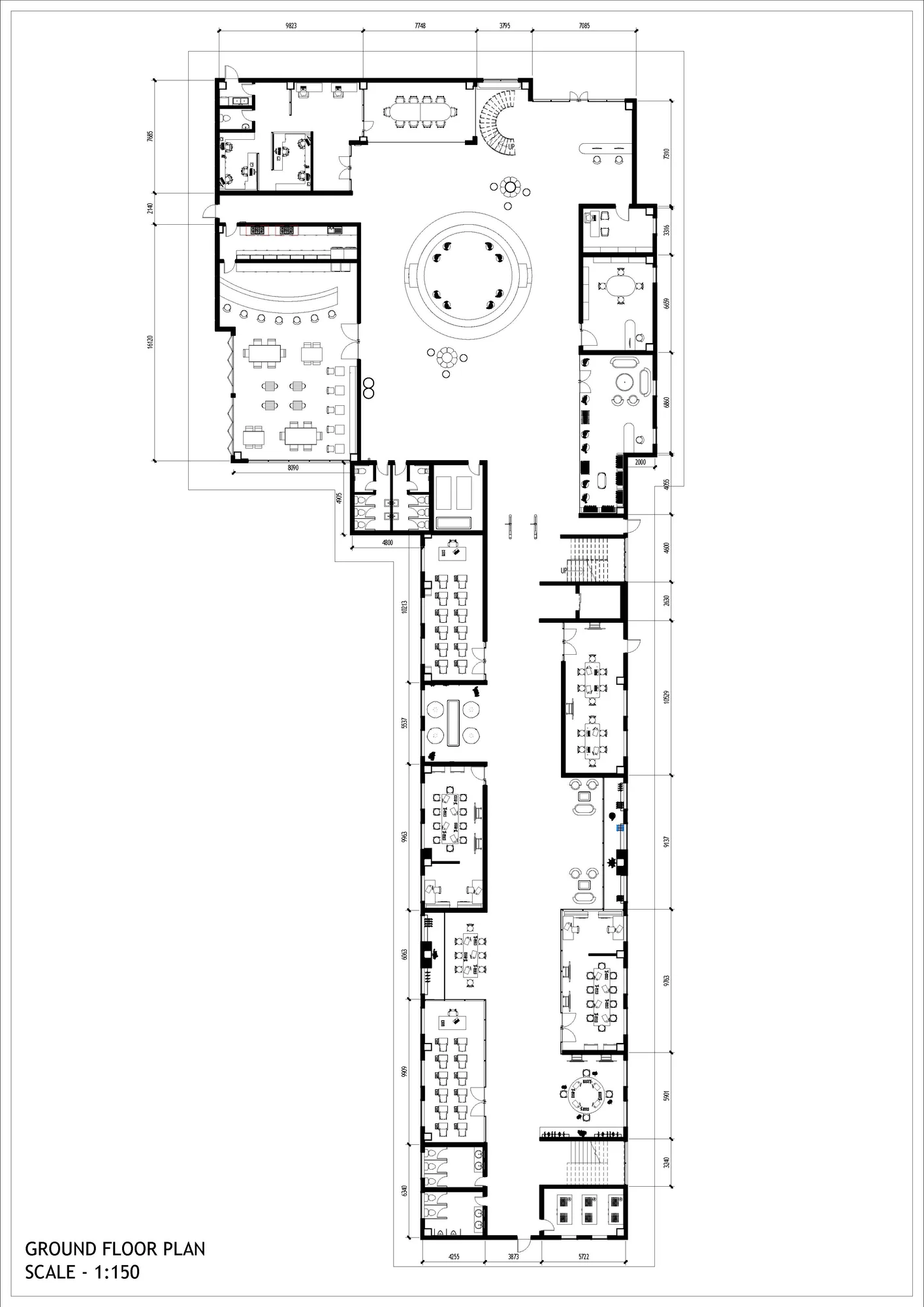 Ground floor plan showing the L-shaped, three-level organisation.