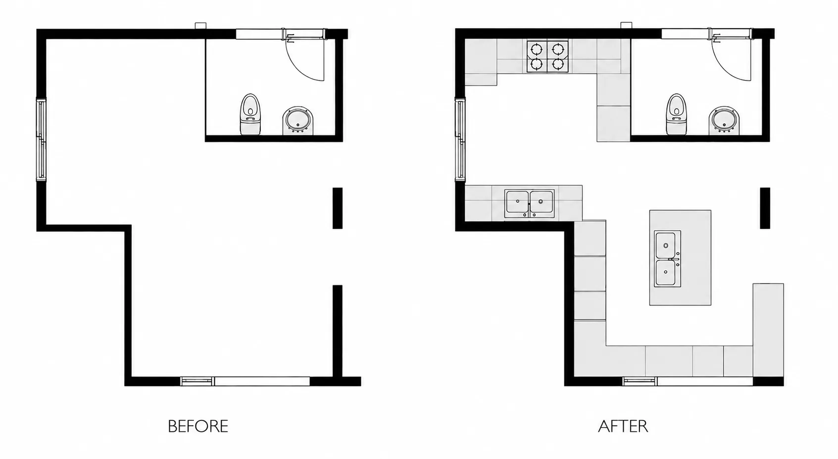 Before-and-after plan of the kitchen layout.