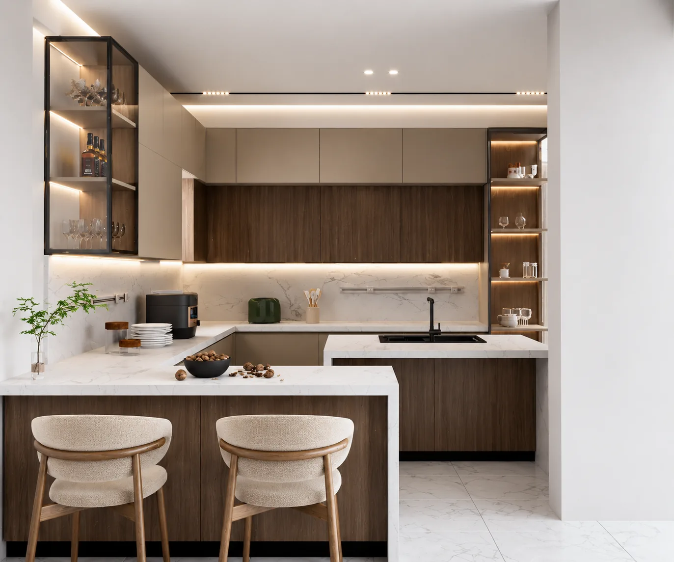 Contemporary kitchen with warm walnut cabinetry, marble-look surfaces and a central island.