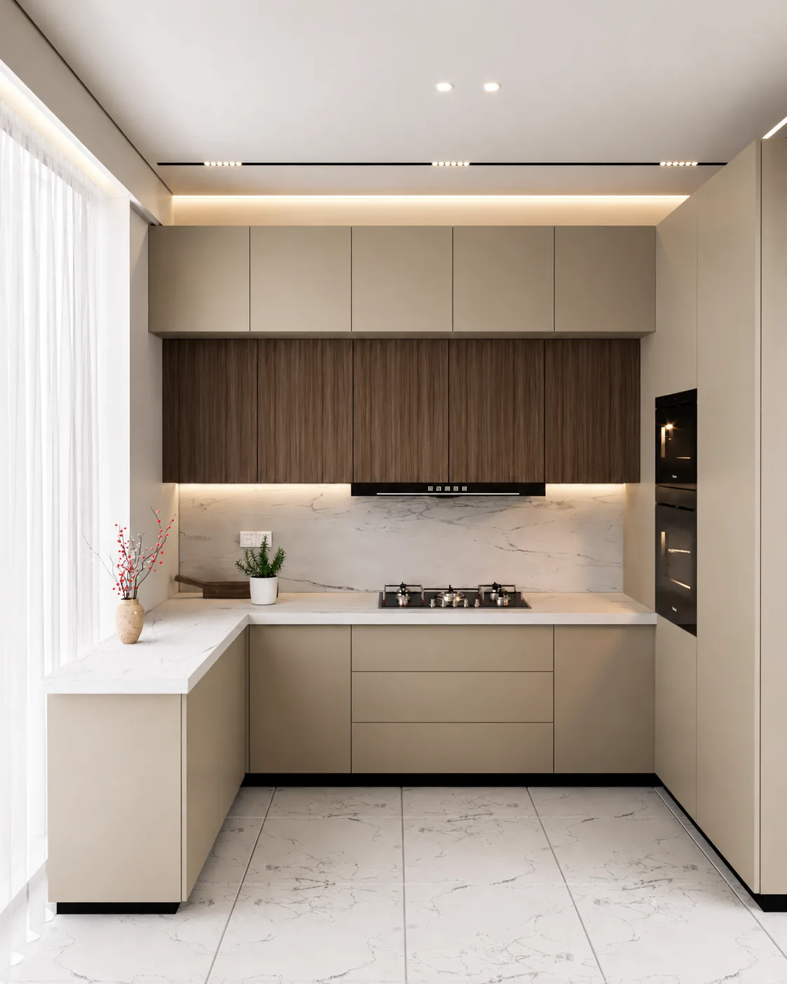 The kitchen's walnut cabinetry and central island.