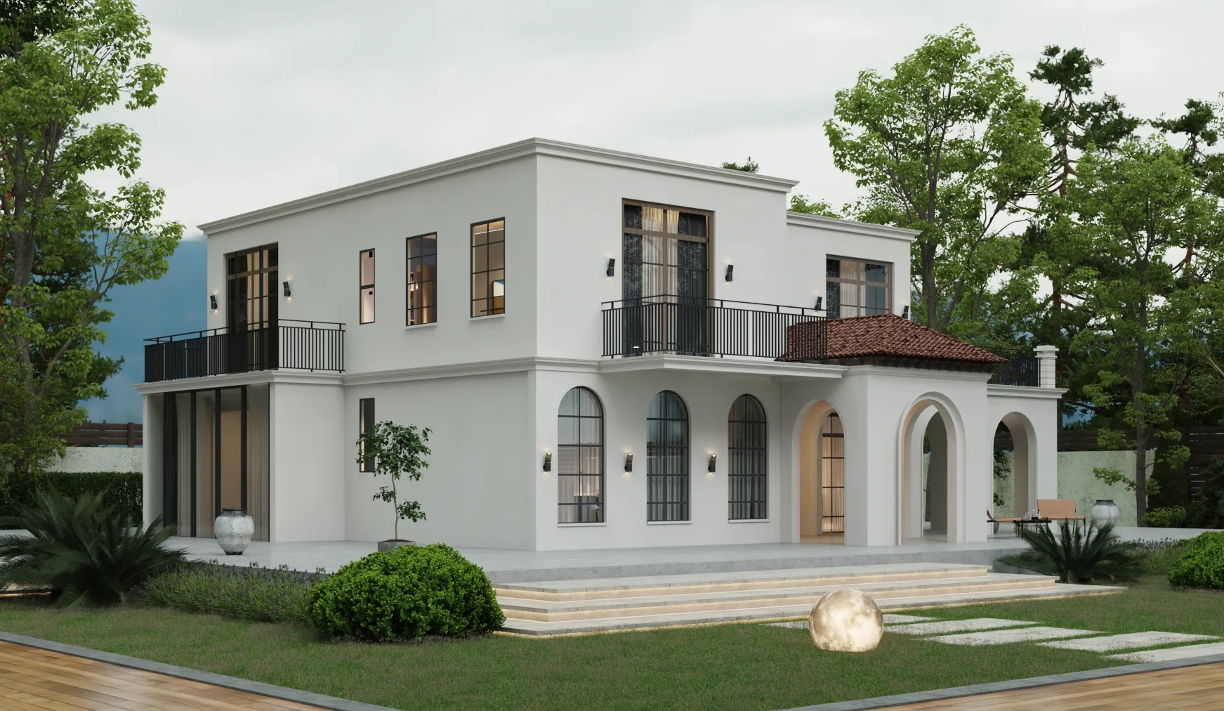 Contemporary Mediterranean villa with arched openings, white stucco walls and terracotta roof accents.