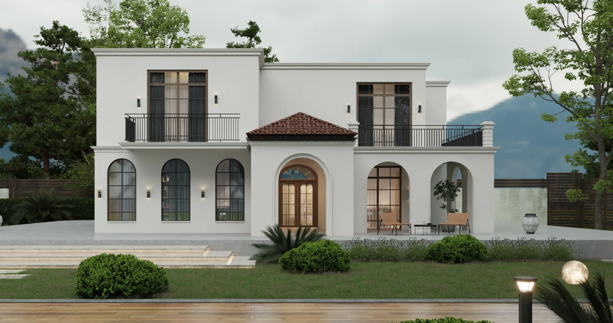 Daytime view of the villa's entrance and terraces.