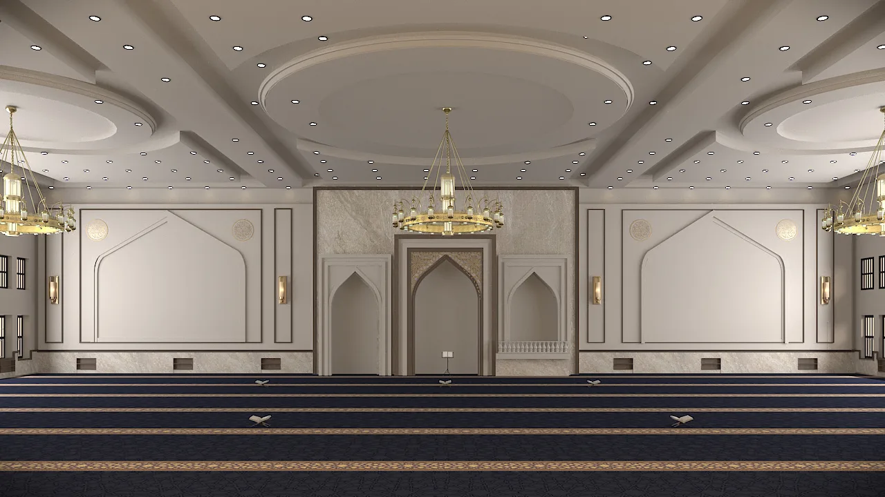 Prayer hall interior in a blue colour and material scheme.