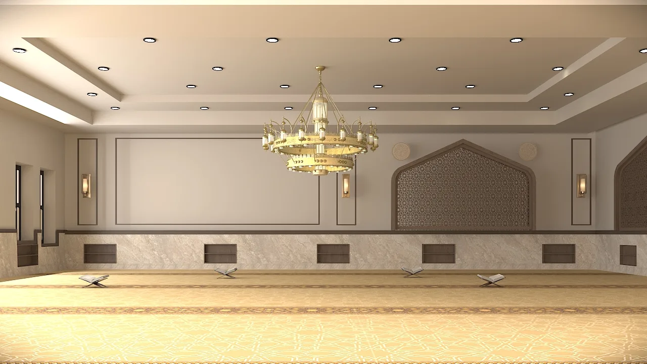 Prayer hall interior in a warm beige scheme.
