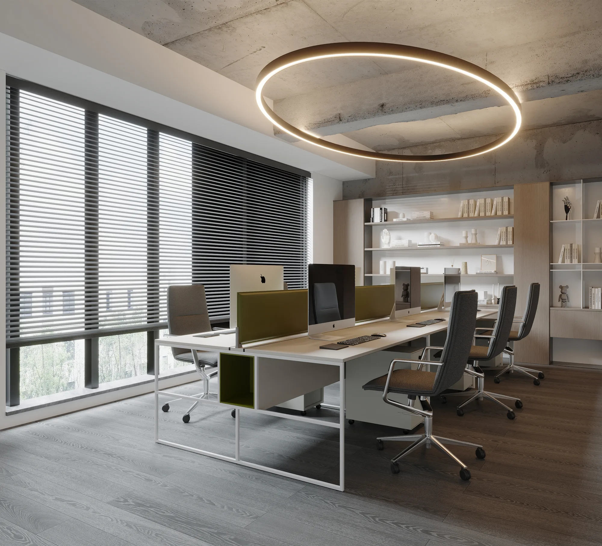 A workspace interior study with warm materials, clean detailing and integrated lighting.