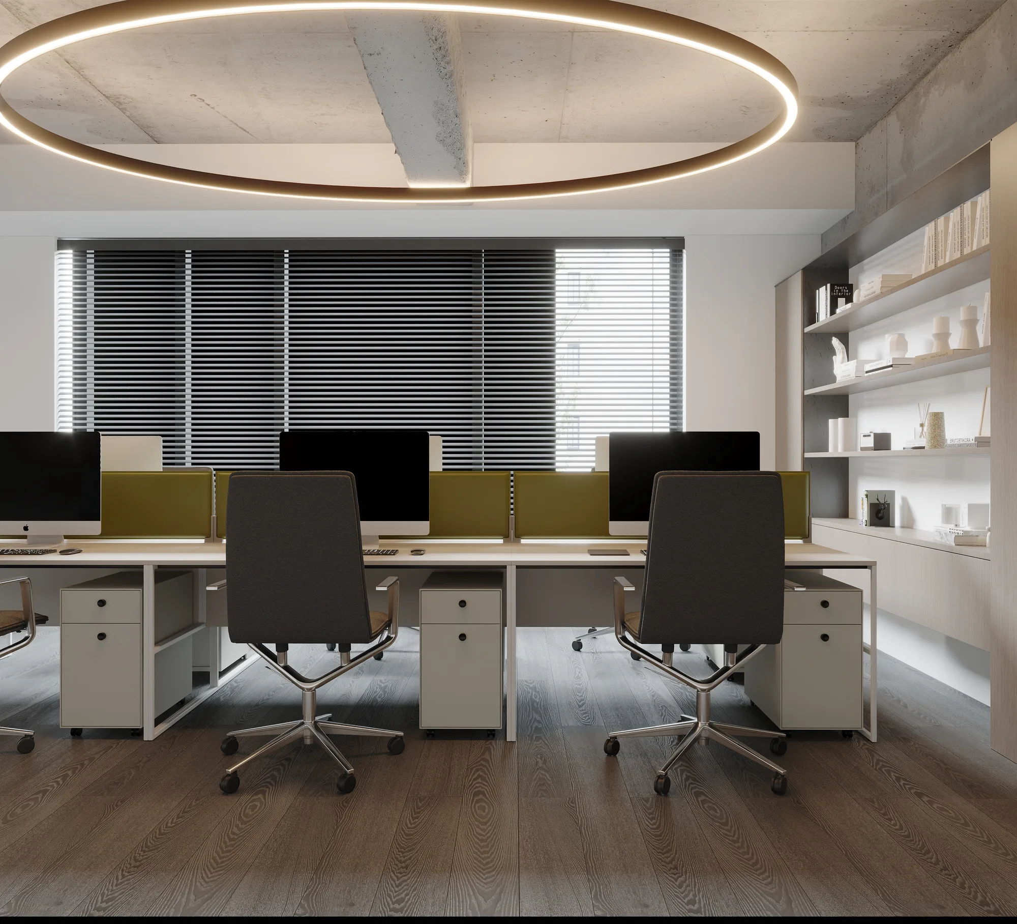 Open workspace with warm materials and integrated lighting.