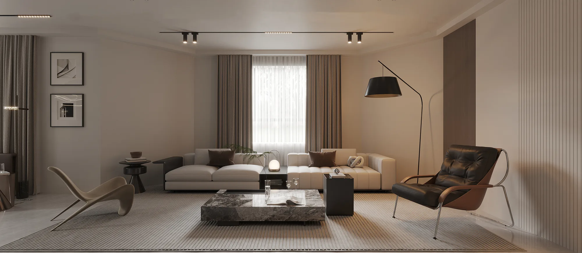 A warm, contemporary residential living room interior study.
